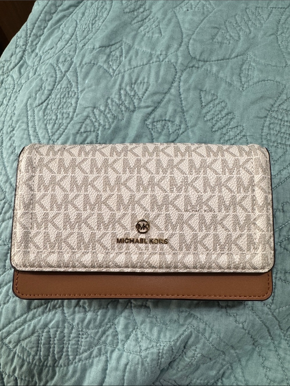 Michael Kors White/Tan Signature convertible crossbody bag with Gold Hardware